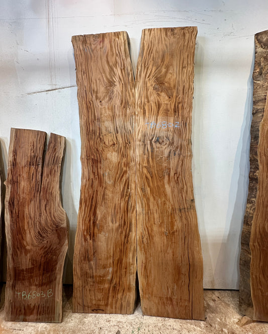 Estate African Mahogany architectural-grade live edge wood slab with natural grain detail
